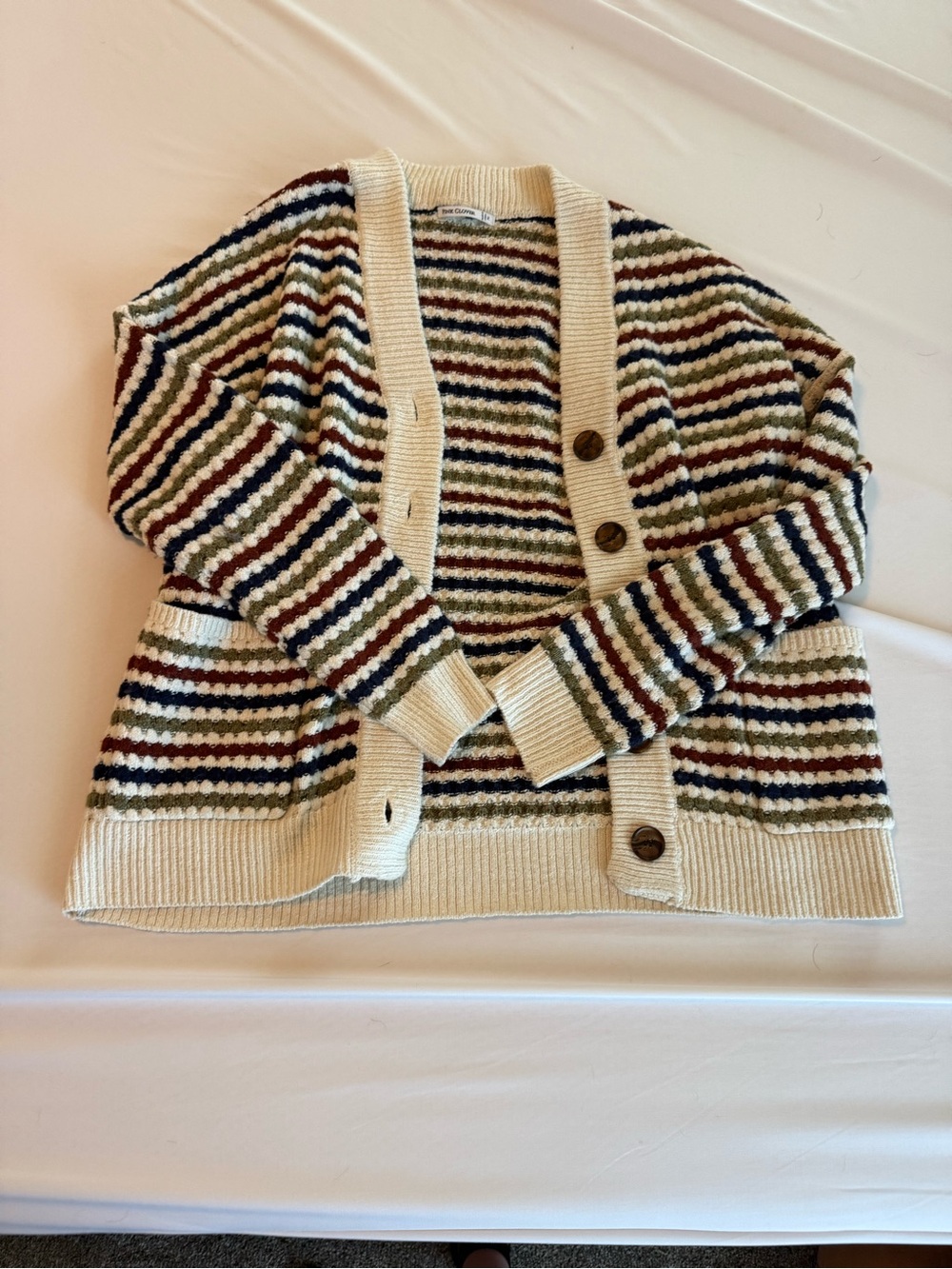Pink Clover Cream Cardigan with Navy, Olive, and Burgundy Stripes